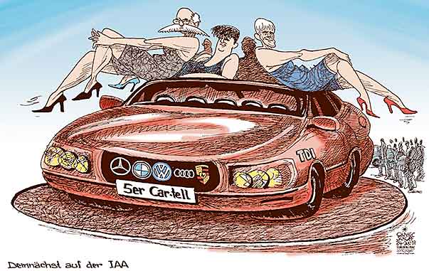  Oliver Schopf, politischer Karikaturist aus Österreich, politische Karikaturen, Illustrationen Archiv politische Karikatur Deutschland Autoindustrie 2017
: DAIMLER VW BMW AUDI PORSCHE ABSPRACHEN KARTELL DIETER ZETSCHE MATTHIAS MÜLLER HARALD KRÜGER DIESEL TDI ABGASE MANIPULATION AUTOSALON IAA MODEL  
