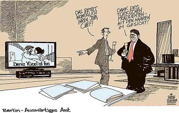 Oliver Schopf, politischer Karikaturist aus Österreich, politische Karikaturen aus Österreich, Karikatur Cartoon Illustrationen Politik Politiker Deutschland 2018 DENIZ YÜCEL FREI SIGMAR GABRIEL AUSSENMINISTER  AUSWÄRTIGES AMT TÜRKEI GEFÄNGNIS ERDOGAN MANN MIT DEN HAAREN IM GESICHT

