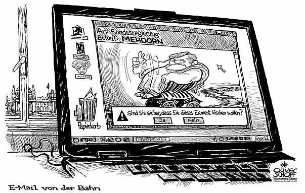  Oliver Schopf, politischer Karikaturist aus Österreich, politische Karikaturen aus Österreich, Karikatur Illustrationen politische Karikaturen Politik Politiker  Deutschland: 2009: e-mail von der bahn.   mehdorn, e-mail, loeschen, computer
  