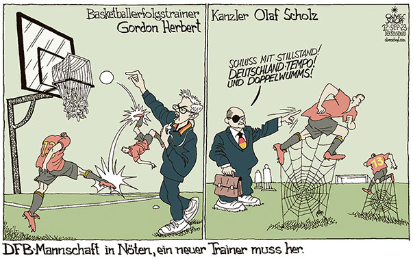 Oliver Schopf, politischer Karikaturist aus Österreich, politische Karikaturen aus Österreich, Karikatur Cartoon Illustrationen Politik Politiker Deutschland 2023: DFB FUSSBALL NATIONALMANNSCHAFT NIEDERLAGEN NEUER TRAINER HANSI FLICK ABLÖSE PLEITE BASKETBALL GORDON HERBERT OLAF SCHOLZ DEUTSCJLAND PAKT TEMPO DOPPELWUMMS 





