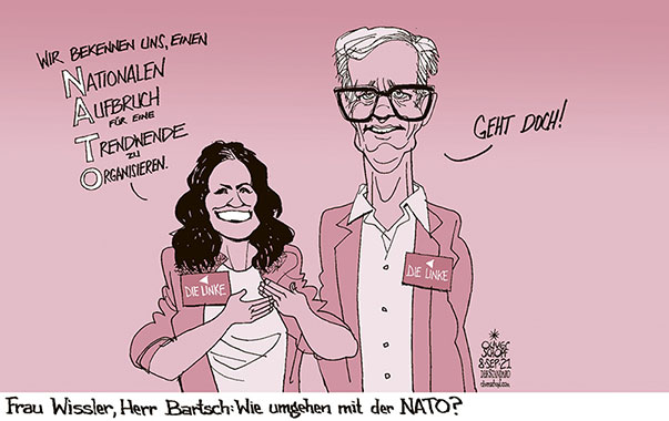 Oliver Schopf, politischer Karikaturist aus Österreich, politische Karikaturen aus Österreich, Karikatur Cartoon Illustrationen Politik Politiker Deutschland 2021:BUNDESTAGSWAHL DIE LINKE JANINE WISSLER DIETMAR BARTSCH KOALITION SPD GRÜNE ROT-ROT-GRÜN BEDINGUNG NATO BEKENNTNIS 


