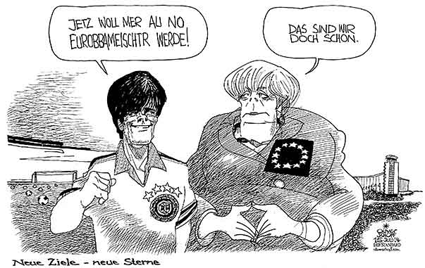  Oliver Schopf, politischer Karikaturist aus Österreich, politische Karikaturen, Illustrationen Archiv politische Karikatur Deutschland:   2014 MERKEL EU JOACHIM LOEW FUSSBALL WELTMEISTER 4 STERNE UEFA EURO 2016 
   