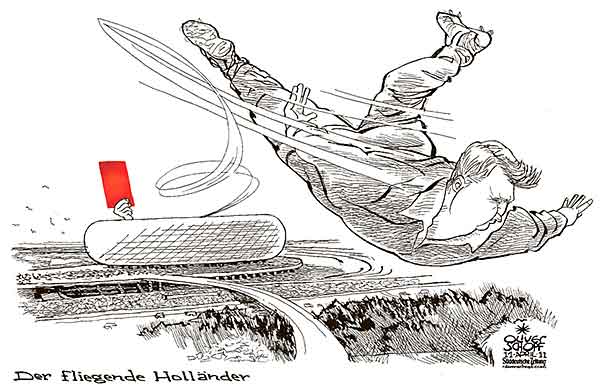  Oliver Schopf, politischer Karikaturist aus Österreich, politische Karikaturen, Illustrationen Archiv politische Karikatur Deutschland:   2011 fußball fc bayern muenchen louis van gaal trainer rote karte fliegender hollaender allianz arena 
