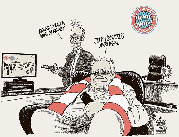 Oliver Schopf, politischer Karikaturist aus Österreich, politische Karikaturen aus Österreich, Karikatur Cartoon Illustrationen Politik Politiker Süddeutsche Zeitung Deutschland 2019: FUSSBALL DEUTSCHE BUNDESLIGA SPIEL FC BAYERN EINTRACHT FRANKFURT TRAINER KRISE ULI HOENEß KARL-HEINZ RUMMENIGGE NIKO KOVAČ JUPP HEYNCKES HANDY ANRUF TV


