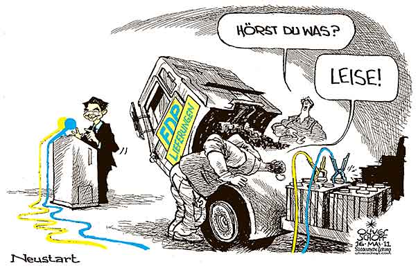  Oliver Schopf, politischer Karikaturist aus Österreich, politische Karikaturen, Illustrationen Archiv politische Karikatur Deutschland Parteien FDP
   2011 fdp roesler parteitag rede liefern starterkabel lkw batterie laden 