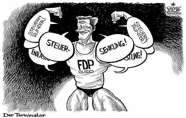  Oliver Schopf, politischer Karikaturist aus Österreich, politische Karikaturen aus Österreich, Karikatur Illustrationen politische Karikaturen Politik Politiker Deutschland: 2009: vor der wahl der terminator fdp, guido westerwelle, parteitag, hannover, rede, steuersenkung, entlastung, muskel, kraft, terminator
  
