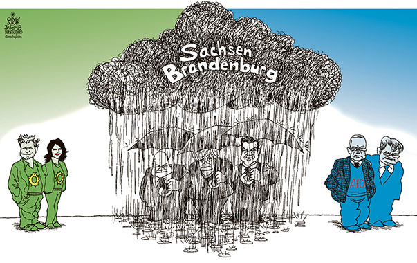  Oliver Schopf, politischer Karikaturist aus Österreich, politische Karikaturen, Illustrationen Archiv politische Karikatur Deutschland 2019 GROKO BERLIN MERKEL SCHOLZ SÖDER LANDTAGSWAHLEN SACHSEN BRANDENBURG AFD DIE GRÜNEN HARBECK BEERBOCK GAULAND MEUTHEN GEWITTER REGEN SCHÜTTEN  NÄSSE REGENSCHIRM
