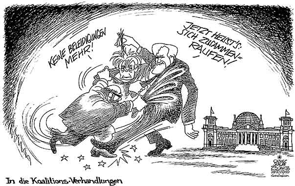 Oliver Schopf, politischer Karikaturist aus Österreich, politische Karikaturen aus Österreich, Karikatur Cartoon Illustrationen Politik Politiker Deutschland 2018 GROKO KOALITIONSVERHANDLUNGEN MERKEL SEEHOFER SCHULZ BELEIDIGUNGEN ZUSAMMEN RAUFEN BERLIN BUNDESTAG REGIERUNG 


