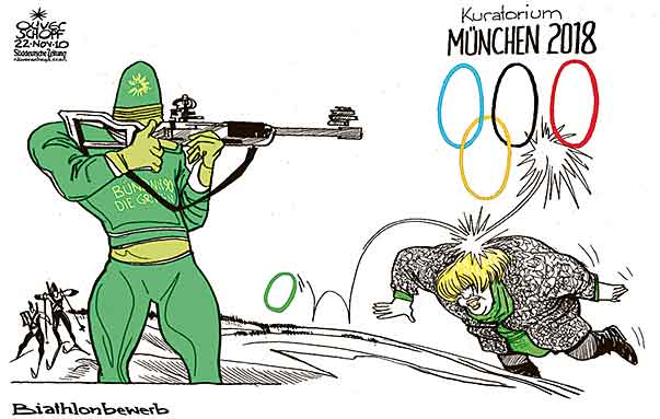 Oliver Schopf, politischer Karikaturist aus Österreich, politische Karikaturen aus Österreich, Karikatur Illustrationen Politik Politiker Deutschland 2010: die gruenen claudia roth olympia muenchen 2010 ringe biathlon schuss treffer 









