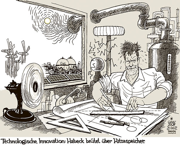 Oliver Schopf, politischer Karikaturist aus Österreich, politische Karikaturen aus Österreich, Karikatur Cartoon Illustrationen Politik Politiker Süddeutsche Zeitung, Seite 4, Meinung, Deutschland 2022: WIRTSCHAFTSMINISTER ROBERT HABECK ENERGIE GAS GASLIEFERUNG SPEICHER KAPAZITÄT HITZE HITZEWELLE ERFINDER ALCHIMIST TECHNOLOGIE INNOVATION HITZESPEICHER 


