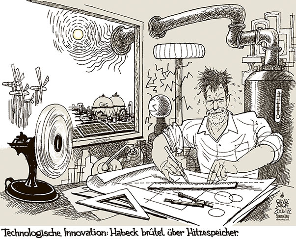 Oliver Schopf, politischer Karikaturist aus Österreich, politische Karikaturen aus Österreich, Karikatur Cartoon Illustrationen Politik Politiker Süddeutsche Zeitung, Seite 4, Meinung, Deutschland 2022: WIRTSCHAFTSMINISTER ROBERT HABECK ENERGIE GAS GASLIEFERUNG SPEICHER KAPAZITÄT HITZE HITZEWELLE ERFINDER ALCHIMIST TECHNOLOGIE INNOVATION HITZESPEICHER 
