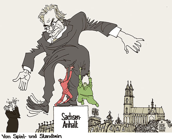 Oliver Schopf, politischer Karikaturist aus Österreich, politische Karikaturen aus Deutschland, Karikatur Cartoon Illustrationen Politik Politiker Deutschland, Süddeutsche Zeitung, Seite 4, 2020: SACHSEN-ANHALT MINISTERPRÄSIDENT REINER HASELOFF CDU SPD DIE GRÜNEN KENIAKOALITION HOLGER STAHLKNECHT PODEST SPIELBEIN STANDBEIN STÜTZEN MAGDEBURG DOM HUNDERTWASSER   
 