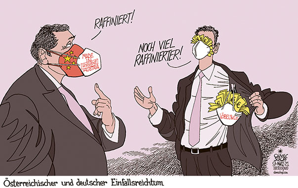 Oliver Schopf, politischer Karikaturist aus Österreich, politische Karikaturen aus Österreich, Karikatur Cartoon Illustrationen Politik Politiker Deutschland 2021: CORONAVIRUS KRISE MASKEN MASKENPRODUKTION HYGIENE AUSTRIA CHINA UMETIKETTIEREN NIKOLAS LÖBEL CDU BEREICHERUNG KORRUPTION MASKIERUNG BRIEFTASCHE GELD
