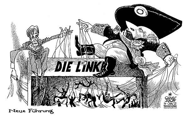  Oliver Schopf, politischer Karikaturist aus Österreich, politische Karikaturen, Illustrationen Archiv politische Karikatur Deutschland 2012 LAFONTAINE OSKAR BARTSCH DIETMAR DIE LINKE LINKSPARTEI PARTEITAG NAPOLEON VON DER SAAR MARIONETTEN THEATER 