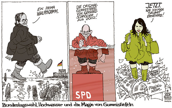 Oliver Schopf, politischer Karikaturist aus Österreich, politische Karikaturen aus Österreich, Karikatur Cartoon Illustrationen Politik Politiker Deutschland 2021: BUNDESTAGSWAHL HOCHWASSER GUMMISTIEFEL ARMIN LASCHET CDU OLAF SCHOLZ SPD ANNALENA BAERBOCK DIE GRÜNEN PLAGIATSAFFÄRE LEBENSLAUF GERHARD SCHRÖDER

