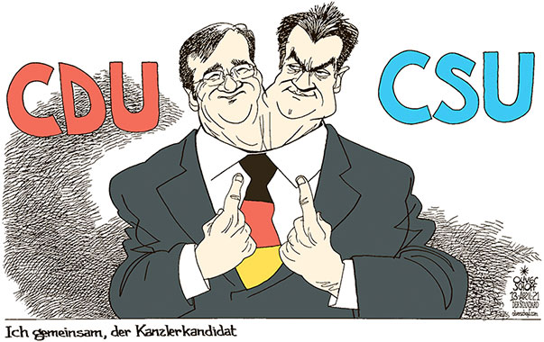 Oliver Schopf, politischer Karikaturist aus Österreich, politische Karikaturen aus Österreich, Karikatur Cartoon Illustrationen Politik Politiker Deutschland 2021: : CDU CSU KANZLERKANDIDAT ARMIN LASCHET MARKUS SÖDER DUELL ZWILLING KOPF ICH GEMEINSAM



