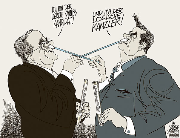 Oliver Schopf, politischer Karikaturist aus Österreich, politische Karikaturen aus Österreich, Karikatur Cartoon Illustrationen Politik Politiker Deutschland Süddeutsche Zeitung, Seite 4, 2021: CDU CSU KANZLERKANDIDATUR KANZLERKANDIDAT ARMIN LASCHET MARKUS SÖDER LANDTAGSWAHLEN BADEN-WÜRTTEMBERG RHEINLAND-PFALZ TEST ANTIGENTEST NASENBOHREN WATTESTÄBCHEN
