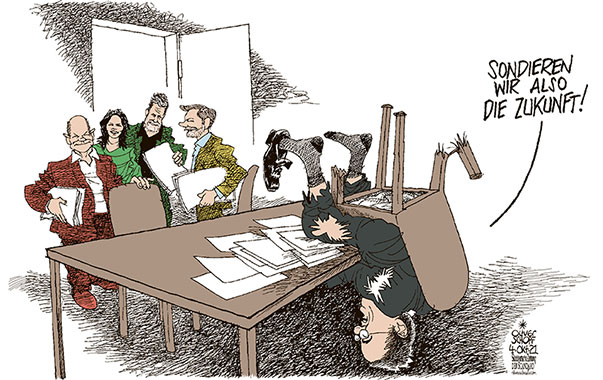 Oliver Schopf, politischer Karikaturist aus Österreich, politische Karikaturen aus Österreich, Karikatur Cartoon Illustrationen Politik Politiker Deutschland, Süddeutsche Zeitung, Meinung, Seite 4, 2021: 
BUNDESTAGSWAHL SONDIERUNGEN CDU CSU FDP DIE GRÜNEN SPD OLAF SCHOLZ CHROSTIAN LINDNER ROBERT HABECK ANNALENA BAERBOCK ARMIN LASCHET TISCH STUHL VERKEHRT ZUKUNFTSKOALITION






