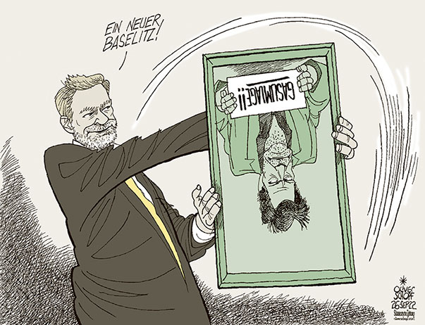 Oliver Schopf, politischer Karikaturist aus Österreich, politische Karikaturen aus Österreich, Karikatur Cartoon Illustrationen Politik Politiker Deutschland Süddeutsche Zeitung, Seite 4, Meinung, 2022: GASUMLAGE ENDE ROBERT HABECK CHRISTIAN LINDNER BILD GEORG BASELITZ MALER KUBNSTWERK AUF DEN KOPF STELLEN UMDREHEN
