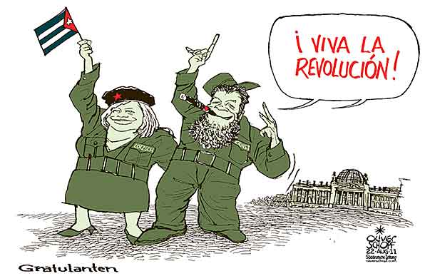  Oliver Schopf, politischer Karikaturist aus Österreich, politische Karikaturen, Illustrationen Archiv politische Karikatur Deutschland:   2011 2011 die linke linkspartei gesinde loetzsch klaus ernst kuba castro geburtstag gratulanten viva la revolución