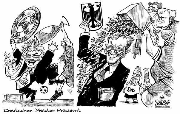  Oliver Schopf, politischer Karikaturist aus Österreich, politische Karikaturen aus Österreich, Karikatur Illustrationen politische Karikaturen Politik Politiker  Deutschland: 2009: deutscher meister präsident bundespräsidenten wahl deutschland, bundespraesidentenwahl, horst koehler, felix magath, fussball, meister, wolfsburg, bierdusche
  