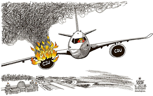 Oliver Schopf, editorial cartoons from Austria, cartoonist from Austria, Austrian illustrations, illustrator from Austria, editorial cartoon politics politician Germany, Cartoon Arts International, New York Times Syndicate, Cagle cartoon 2018  COALITION BERLIN MERKEL SEEHOFER CDU CSU CONFLICT MIGRATION REFUGEES BORDER PLANE ENGINE FIRE EXPLOSION