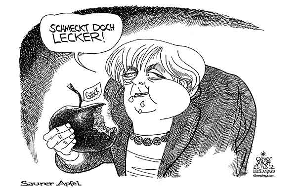  Oliver Schopf, politischer Karikaturist aus Österreich, politische Karikaturen, Illustrationen Archiv politische Karikatur Deutschland 2012  MERKEL GAUCK BUNDESPRAESIDENT KANDIDATUR FDP SAURER APFEL BEISSEN BACKE
