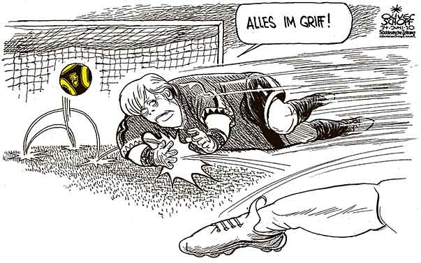  
Oliver Schopf, editorial cartoons from Austria, cartoonist from Austria, Austrian illustrations, illustrator from Austria, editorial cartoon
Europe EU eu germany 2010: angela merkel black yellow coalition soccer ball goal