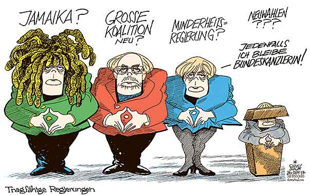 Oliver Schopf politische Karikaturen: Koalitionsverhandlungen 2017/2018 - Wird es die Jamaika-Koalition? Oliver Schopf, politischer Karikaturist aus Österreich, politische Karikaturen, Illustrationen Archiv politische Karikatur Deutschland: 2017 BUNDESTAGSWAHL KOALITIONEN ANGELA MERKEL JAMAIKA GROSSE KOALITION MARTIN SCHULZ SPD MINDERHEITSREGIERUNG NEUWAHLEN TRAGFÄHIG