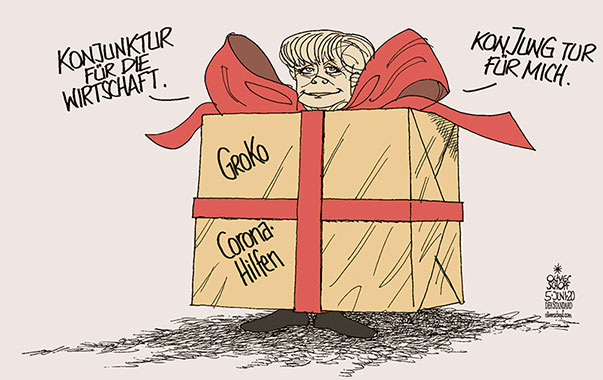  Oliver Schopf, politischer Karikaturist aus Österreich, politische Karikaturen, Illustrationen Archiv politische Karikatur Deutschland 2020 CORONA KRISE WIRTSCHAFT KONJUNKTURPAKET MERKEL GROKO CDU CSU SPD ANKURBELUNG  
