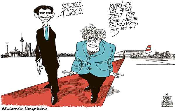 Oliver Schopf, politischer Karikaturist aus Österreich, politische Karikaturen aus Österreich, Karikatur Cartoon Illustrationen Politik Politiker Deutschland 2018 SEBASTIAN KURZ MERKEL STAATSBESUCH BERLIN ROTER TEPPICH EMPFANG TÜRKIS ZEIT FÜR NEUES JUNG KANZLER KANZLERIN BILATERALE GESPRÄCHE


