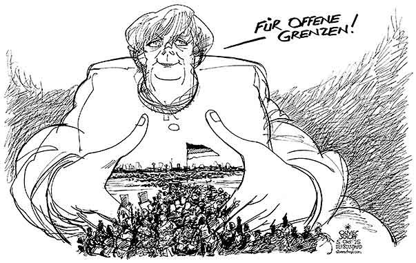  Oliver Schopf, politischer Karikaturist aus Österreich, politische Karikaturen, Illustrationen Archiv politische Karikatur Deutschland - Asyl und Flüchtlinge 2015 FLÜCHTLINGE REFUGEES ANGELA MERKEL RAUTE HÄNDE BUNDESKANZLERIN OFFENE GRENZEN   