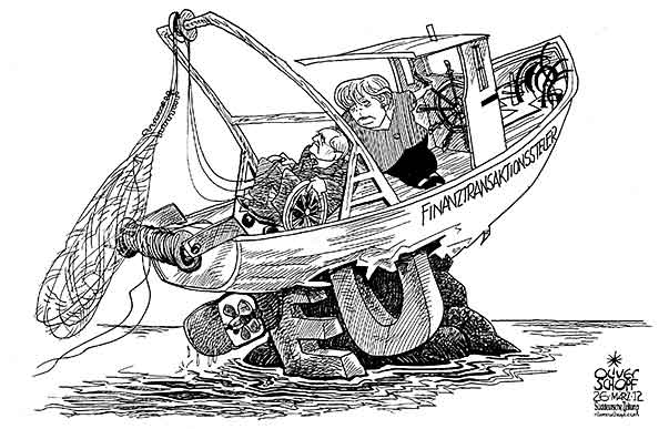  Oliver Schopf, politischer Karikaturist aus Österreich, politische Karikaturen, Illustrationen Archiv politische Karikatur Deutschland 2012 MERKEL SCHAEUBLE FINANZTRANSAKTIONSSTEUER FISCHER BOOT NETZ STRANDEN 
  