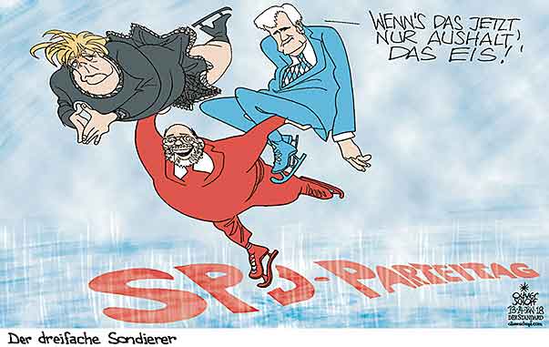 Oliver Schopf, politischer Karikaturist aus Österreich, politische Karikaturen aus Österreich, Karikatur Cartoon Illustrationen Politik Politiker Deutschland 2018 BERLIN REGIERUNGSBILDUNG SONDIERUNGSGESPRÄCHE SONDIERUNGEN CDU CSU SPD MERKEL SCHULZ SEEHOFER EISKUNSTLAUF KÜR SPRUNG PAARLAUF


