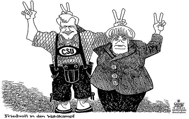  Oliver Schopf, politischer Karikaturist aus Österreich, politische Karikaturen, Illustrationen Archiv politische Karikatur Deutschland 2017 CDU CESU MERKEL SEEHOFER WAHLKAMPF KANZLERKANDIDAT FRIEDE SIEG SIEGESSICHER VICTORY ZEICHNEN HÖRNER 
