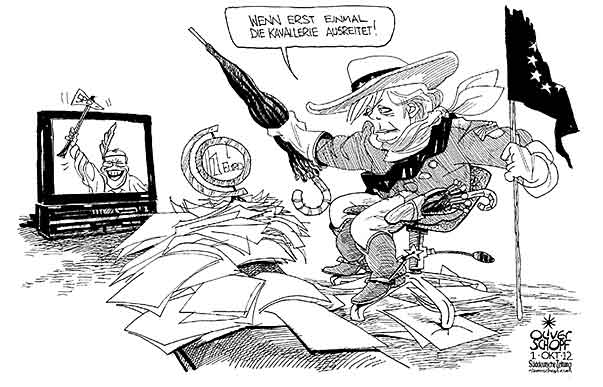 Oliver Schopf, politischer Karikaturist aus Österreich, politische Karikaturen aus Österreich, Karikatur Illustrationen Politik Politiker Deutschland 2012 STEINBRUECK PEER SPD KANZLERKANDIDAT MERKEL KANZLERAMT BERLIN INDIANER KAVALLERIE YUMA SCHWEIZ