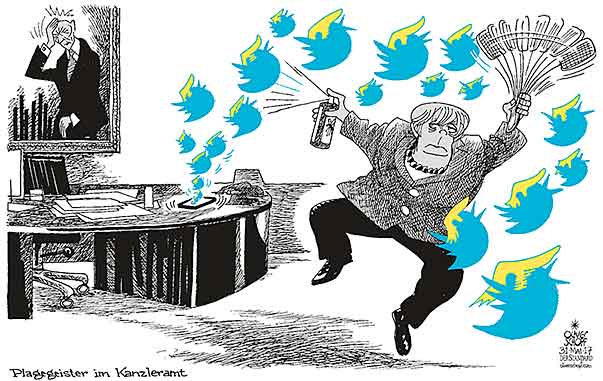 Oliver Schopf, politischer Karikaturist aus Österreich, politische Karikaturen aus Österreich, Karikatur Cartoon Illustrationen Politik Politiker Deutschland 2017 MERKEL TRUMP ADENAUER TWITTER TWEET INSEKTENSPRAY FLIEGENKLATSCHE BÜRO KANZLERAMT WESTLICHES BÜNDNIS NATO PLAGEGEISTER
