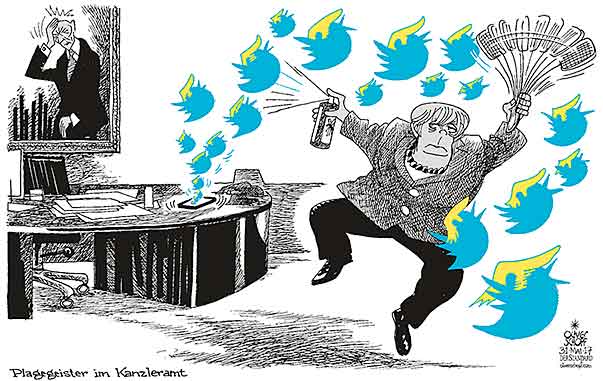  Oliver Schopf, politischer Karikaturist aus Österreich, politische Karikaturen, Illustrationen Archiv politische Karikatur Deutschland 2017 MERKEL TRUMP ADENAUER TWITTER TWEET INSEKTENSPRAY FLIEGENKLATSCHE BÜRO KANZLERAMT WESTLICHES BÜNDNIS NATO PLAGEGEISTER
