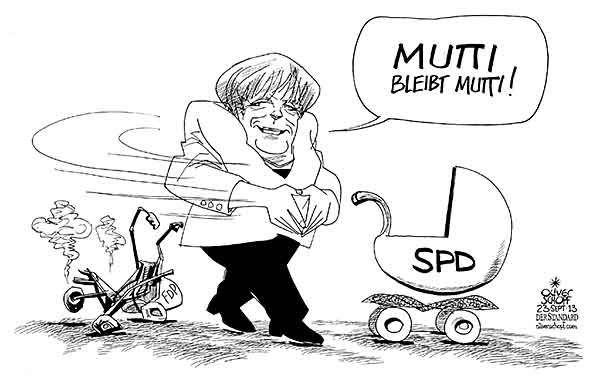  Oliver Schopf, politischer Karikaturist aus Österreich, politische Karikaturen, Illustrationen Archiv politische Karikatur Deutschland: 2013 BUNDESTAGSWAHL 2013 MERKEL CDU MUTTI GEWINNERIN TRIUMPF FDP SPD KINDERWAGEN  