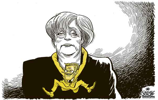  
Oliver Schopf, editorial cartoons from Austria, cartoonist from Austria, Austrian illustrations, illustrator from Austria, editorial cartoon
Europe EU eu germany 2009:  merkel wearing westerwelle like a necklace  before elections, campaign, angela merkel,guido westerwelle, black, yellow