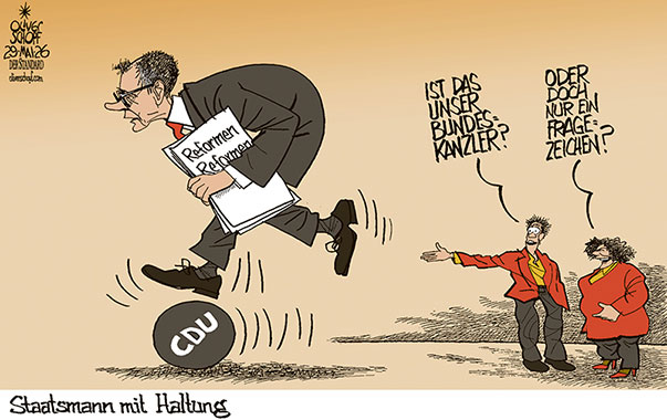 Oliver Schopf, politischer Karikaturist aus Österreich, politische Karikaturen aus Österreich, Karikatur Cartoon Illustrationen Politik Politiker Deutschland @oliverschopf.bsky.social 2026: BUNDESKANZLER FRIEDRICH MERZ KÖRPERHALTUNG HALTUNG GEBÜCKT REFORMEN FRAGEZEICHEN CDU FEINDE BÜRGER 






















