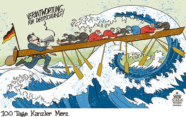 Oliver Schopf, politischer Karikaturist aus Österreich, politische Karikaturen aus Österreich, Karikatur Cartoon Illustrationen Politik Politiker Deutschland @oliverschopf.bsky.social 2025: REGIERUNG KOALITION CDU CSU SPD BUNDESKANZLER FRIEDRICH MERZ 100 TAGE STURM HOHE SEE HOKUSAI TSUNAMI  VERANTWORTUNG FÜR DEUTSCHLAND RUDERBOOT ACHTER MIT STEUERMANN 
















