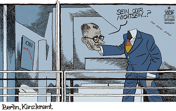 Oliver Schopf, politischer Karikaturist aus Österreich, politische Karikaturen aus Österreich, Karikatur Cartoon Illustrationen Politik Politiker Deutschland @oliverschopf.bsky.social 2026: BUNDSKANZLER FRIEDRICH MERZ CDU RÜCKTRITT SEIN ODER NICHTSEIN KOPF HAMLET KANZLERAMT BERLIN WAHLEN SACHSEN-ANHALT MECKLENBURG-VORPOMMERN 




























