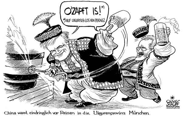  Oliver Schopf, politischer Karikaturist aus Österreich, politische Karikaturen aus Österreich, Karikatur Illustrationen politische Karikaturen Politik Politiker Deutschland 2009: china warnt eindringlich vor reisen in die uigurenprovinz münchen. o zapft is - auf uigurisch los von peking. china muenchen, uiguren, reise, horst seehofer, christian ude, oktoberfest, biernastich, o’zapft is oktoberfest bürgermeister
  