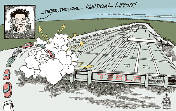 Oliver Schopf, editorial cartoons from Austria, cartoonist from Austria, Austrian illustrations, illustrator from Austria, editorial cartoon politics politician Germany, Cartoon Arts International, 2022: TESLA ELON MUSK GIGAFACTORY GRÜNHEIDE BERLIN BRANDENBURG OPENING SPACEX ROCKET LAUNCH COUNTDOWN LIFTOFF 
