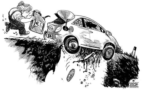  Oliver Schopf, politischer Karikaturist aus Österreich, politische Karikaturen aus Österreich, Karikatur Illustrationen politische Karikaturen Politik Politiker Deutschland 2009: angela merkel, opel, staatshilfe, benzinkanister, kraftstoff
  