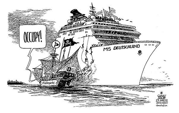 Oliver Schopf, politischer Karikaturist aus Österreich, politische Karikaturen aus Österreich, Karikatur Illustrationen Politik Politiker Deutschland 2012 PIRATEN PARTEI SAARLAND WAHLEN ENTERN PIRATENSCHIFF KREUZFAHRTSCHIFF TRAUMSCHIFF OCCUPY WALL STREET