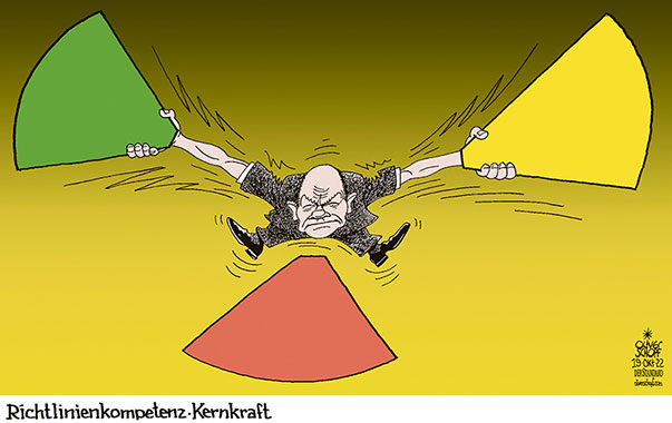 Oliver Schopf, politischer Karikaturist aus Österreich, politische Karikaturen aus Österreich, Karikatur Cartoon Illustrationen Politik Politiker Deutschland 2022: AMPEL KOALITION REGIERUNG SPD GRÜNE FDP OLAF SCHOLZ RICHTLINIENKOMPETENZ ATOMKRAFT KERNKRAFT ENERGIE STRECKBETRIEB 



