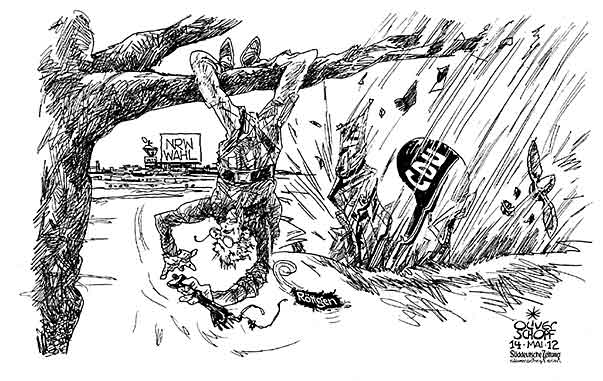 Oliver Schopf, politischer Karikaturist aus Österreich, politische Karikaturen aus Österreich, Karikatur Illustrationen Politik Politiker Deutschland 2012 ROETTGEN NORBERT CDU NORDRHEIN WESTFALEN WAHL ABSTURZ FLUGZEUG LANDUNG PILOT