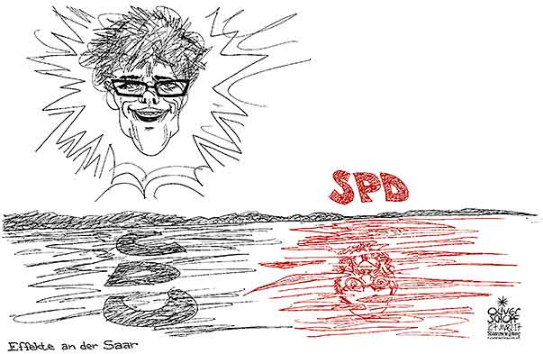 Oliver Schopf politische Karikaturen: Landtagswahlen im Saarland 2017 Oliver Schopf, politischer Karikaturist aus Österreich, politische Karikaturen, Illustrationen Archiv politische Karikatur Deutschland: 2017 SAARLAND WAHLEN ANNEGRET KARMP KARRENBAUER CDU SPD SCHULZEFFEKT SAAR SPIEGELUNG SONNE STRAHLEN SIEGERIN